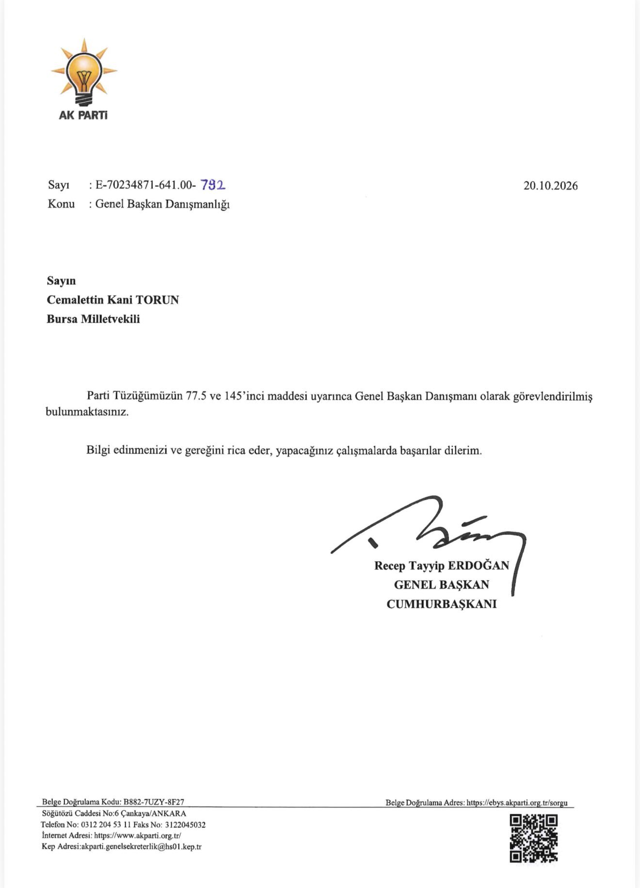 Bursa Milletvekili Cemalettin Kani Torun AK Parti Genel Başkan Danışmanı Oldu